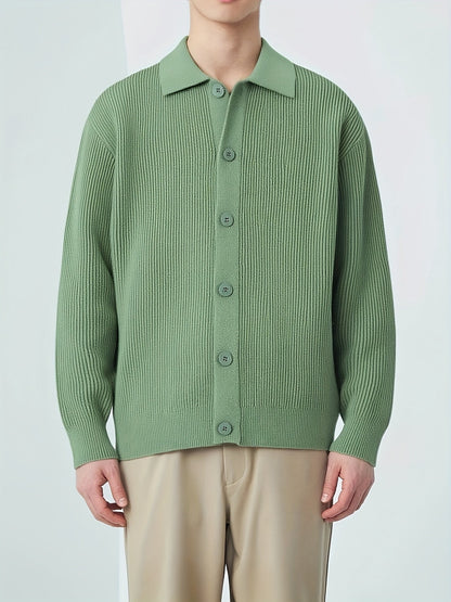 Gerippte Strickjacke für Herren mit Knopfleiste, Polo-Kragen, Langarm