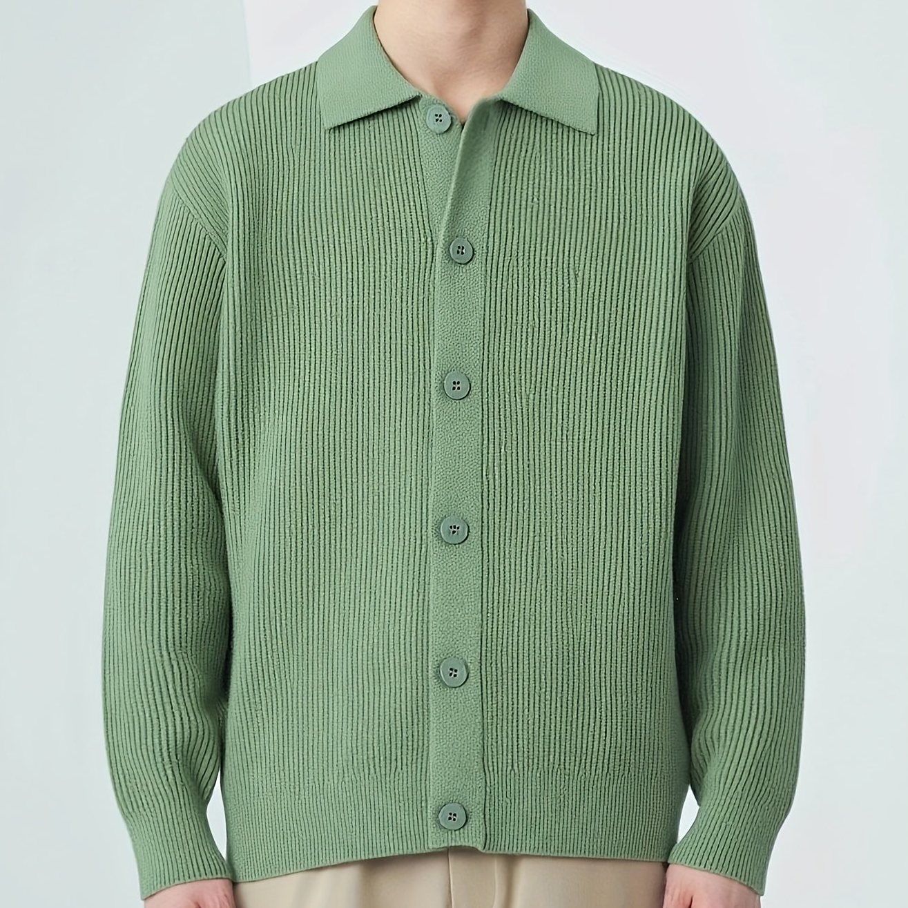 Gerippte Strickjacke für Herren mit Knopfleiste, Polo-Kragen, Langarm