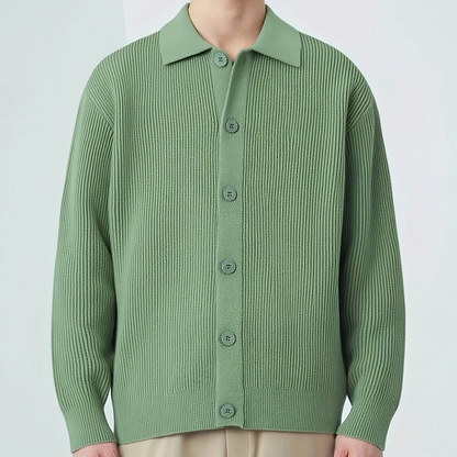 Gerippte Strickjacke für Herren mit Knopfleiste, Polo-Kragen, Langarm
