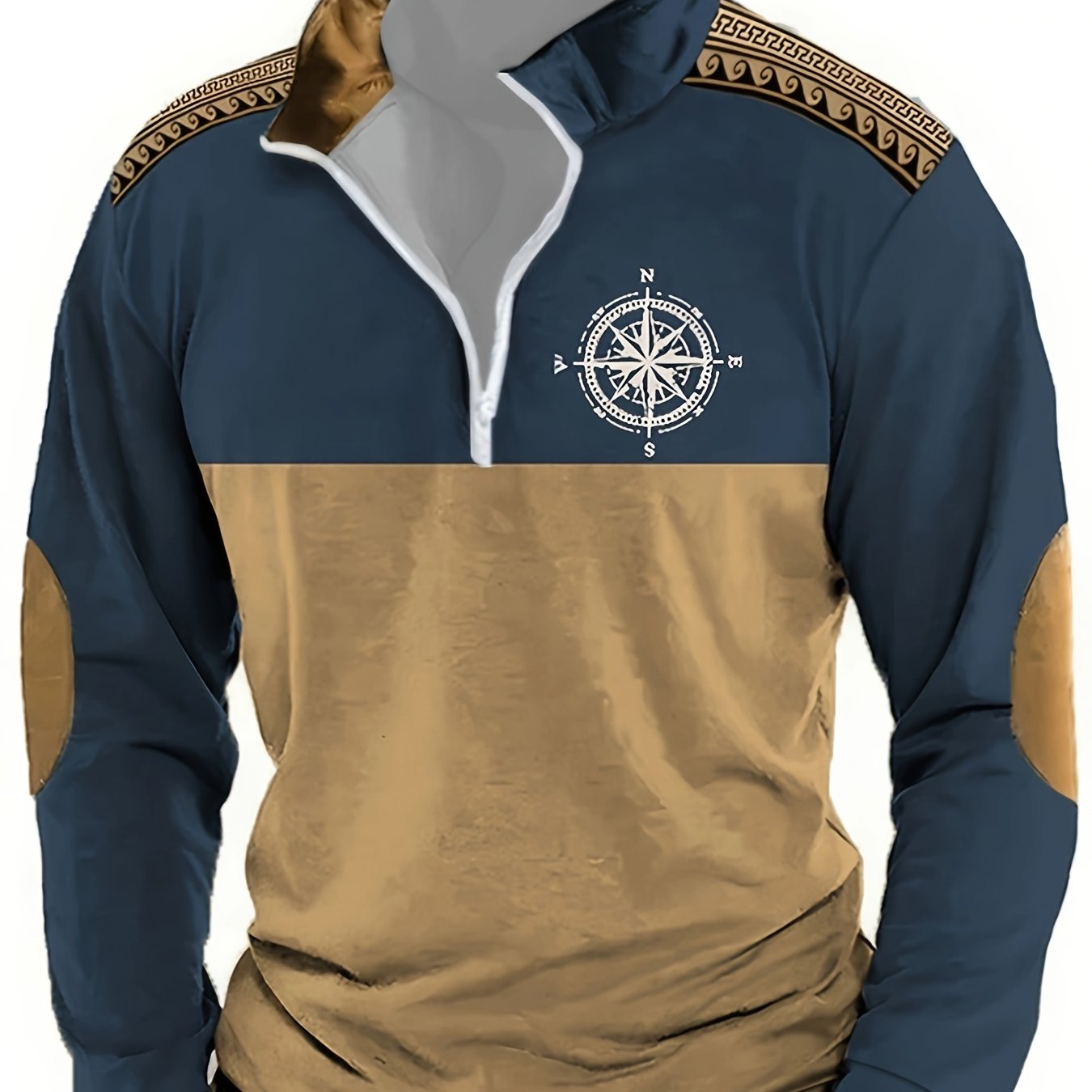 Herren Halb-Reißverschluss Pullover mit Kompass-Motiv, Kragen & Ellenbogen-Patches, Zweifarbig
