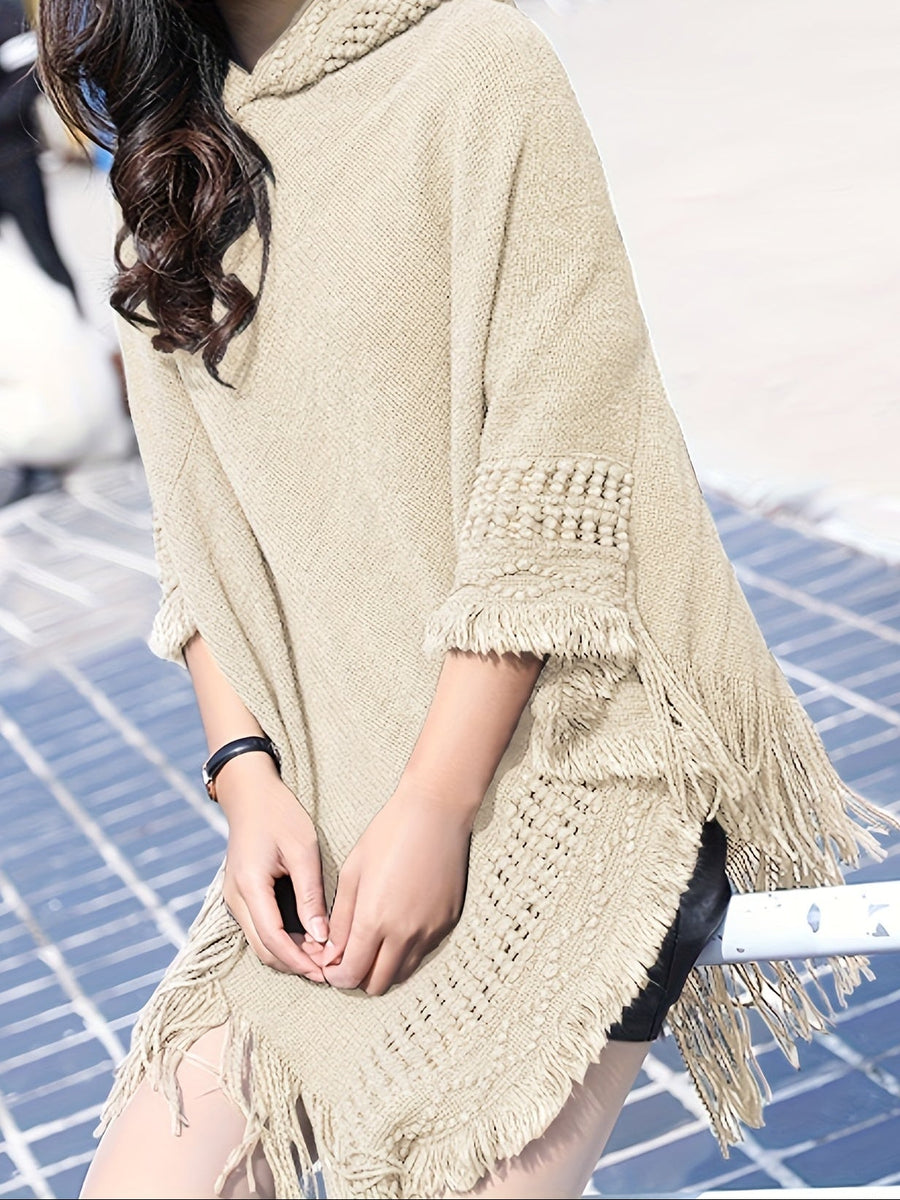 Damen Poncho mit Kapuze, gestrickt, mit Fransen – Einheitsgröße