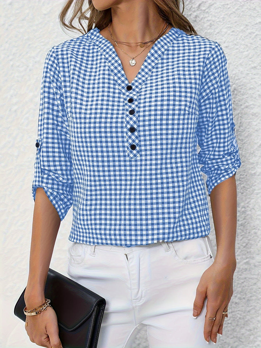 Damen Casual Karo Bluse mit Knopfleiste und 3/4-Ärmeln – Perfekt für Alltag & Freizeit