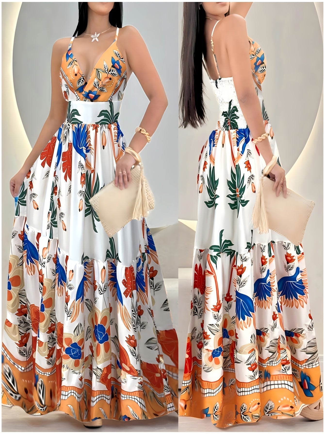 Damen Boho Maxikleid mit tropischem Print und tiefem V-Ausschnitt – Elegantes Sommerkleid für besondere Anlässe