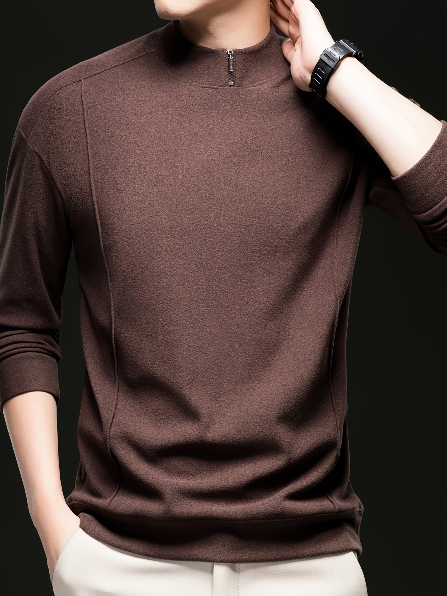 Herren Halb-Reißverschluss Pullover Stehkragen Langarm Shirt Uni