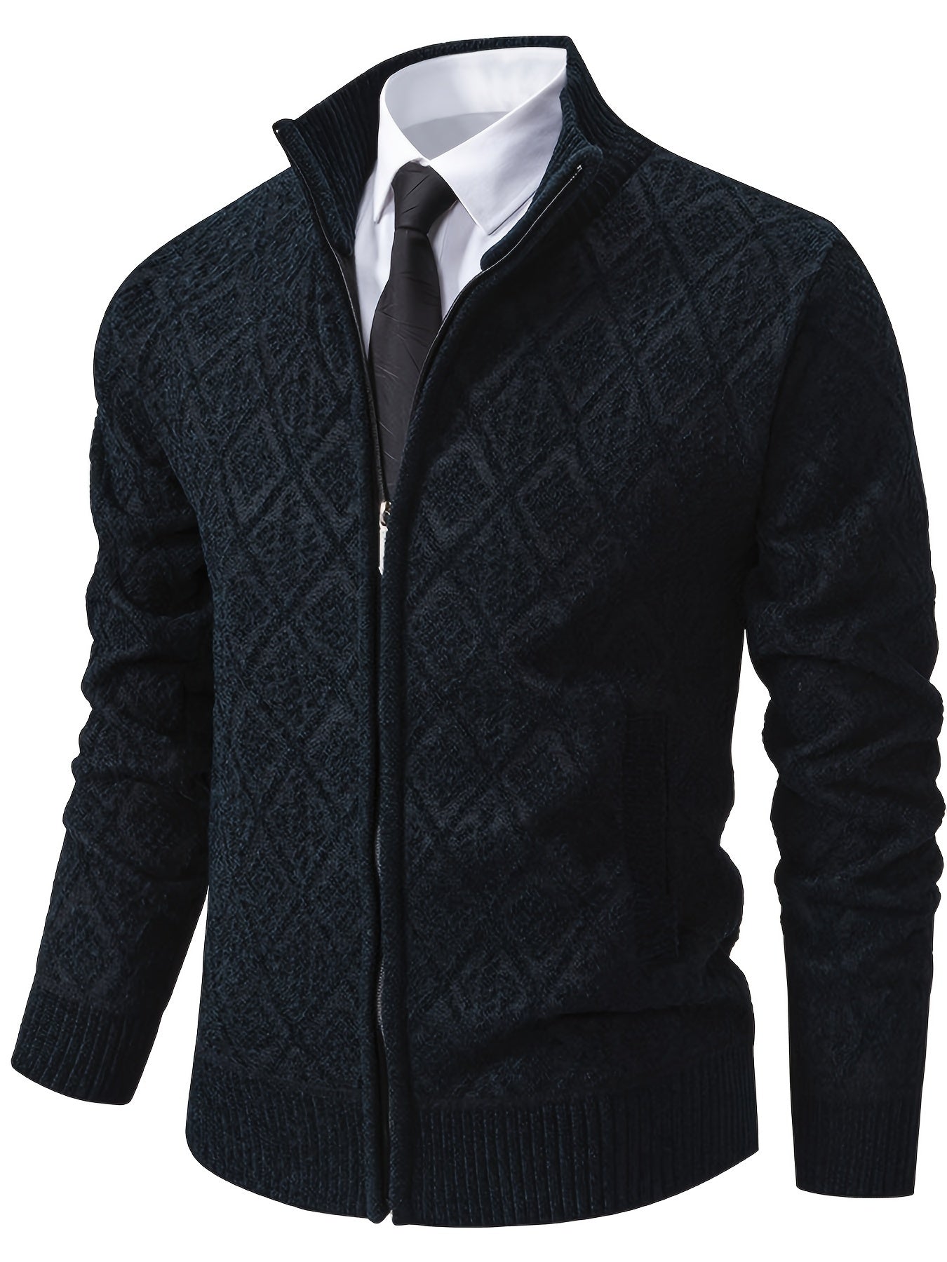 Herren Strickjacke mit Stehkragen, Reißverschluss und Rautenmuster