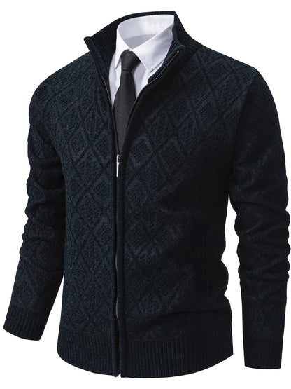 Herren Strickjacke mit Stehkragen, Reißverschluss und Rautenmuster