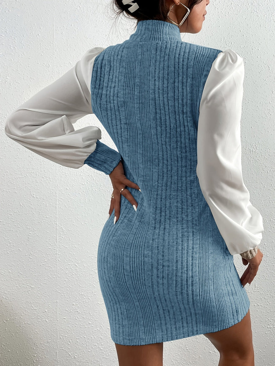 Damen Rippstrick-Kleid mit Stehkragen und Puffärmeln, inklusive Gürtel