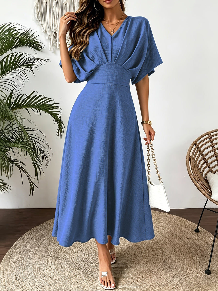 Damen Midi Kleid mit V-Ausschnitt & Fledermausärmeln, Tailliert, Grün