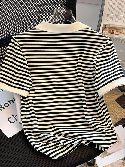 Damen Polo-Shirt mit Streifenmuster und V-Ausschnitt – Stilvolles Kurzarm Top für Freizeit und Alltag