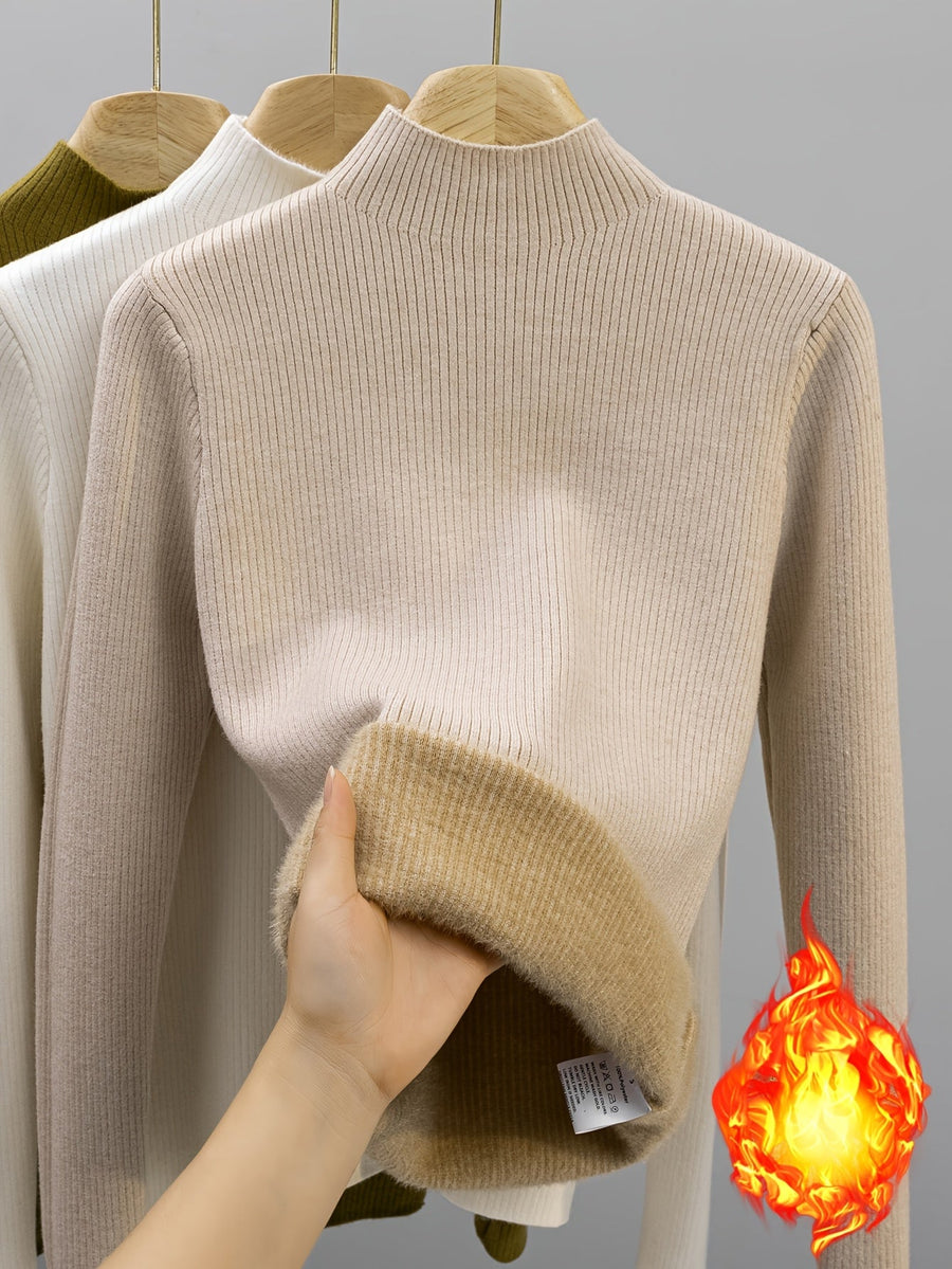 Gerippter Damen Mock-Neck Pullover Langarm Futter Weich Warm