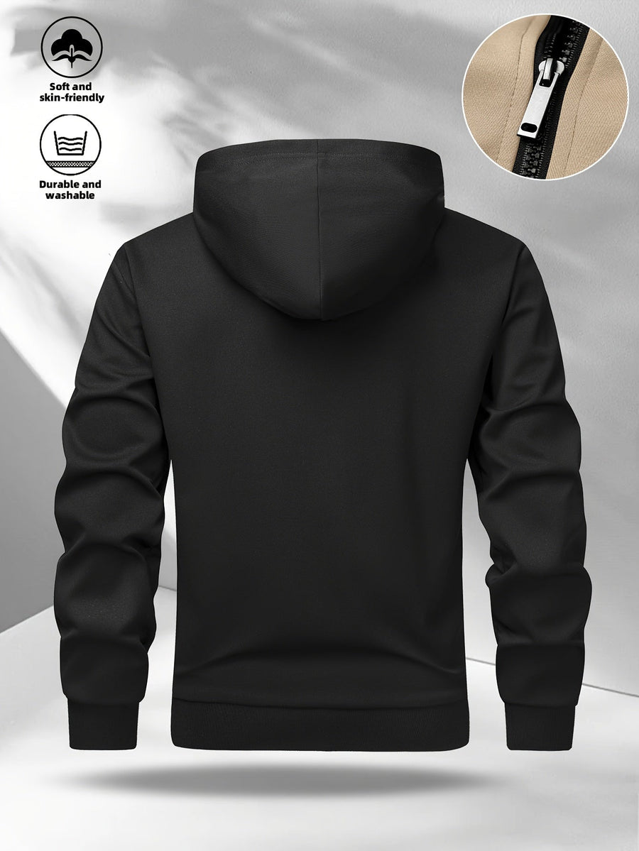Herren Kapuzenjacke mit Reißverschluss, Color-Block, Rippbündchen, Khaki-Schwarz