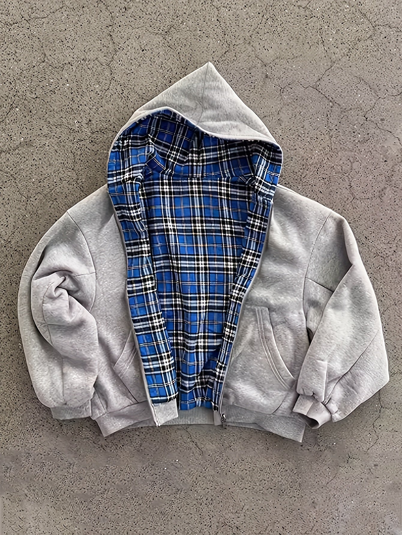 Unisex Reißverschluss Hoodie Hellgrau mit kariertem Innenfutter Kapuzenpullover