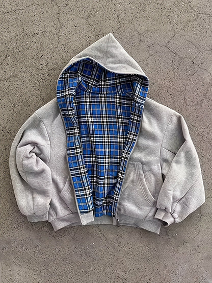 Unisex Reißverschluss Hoodie Hellgrau mit kariertem Innenfutter Kapuzenpullover