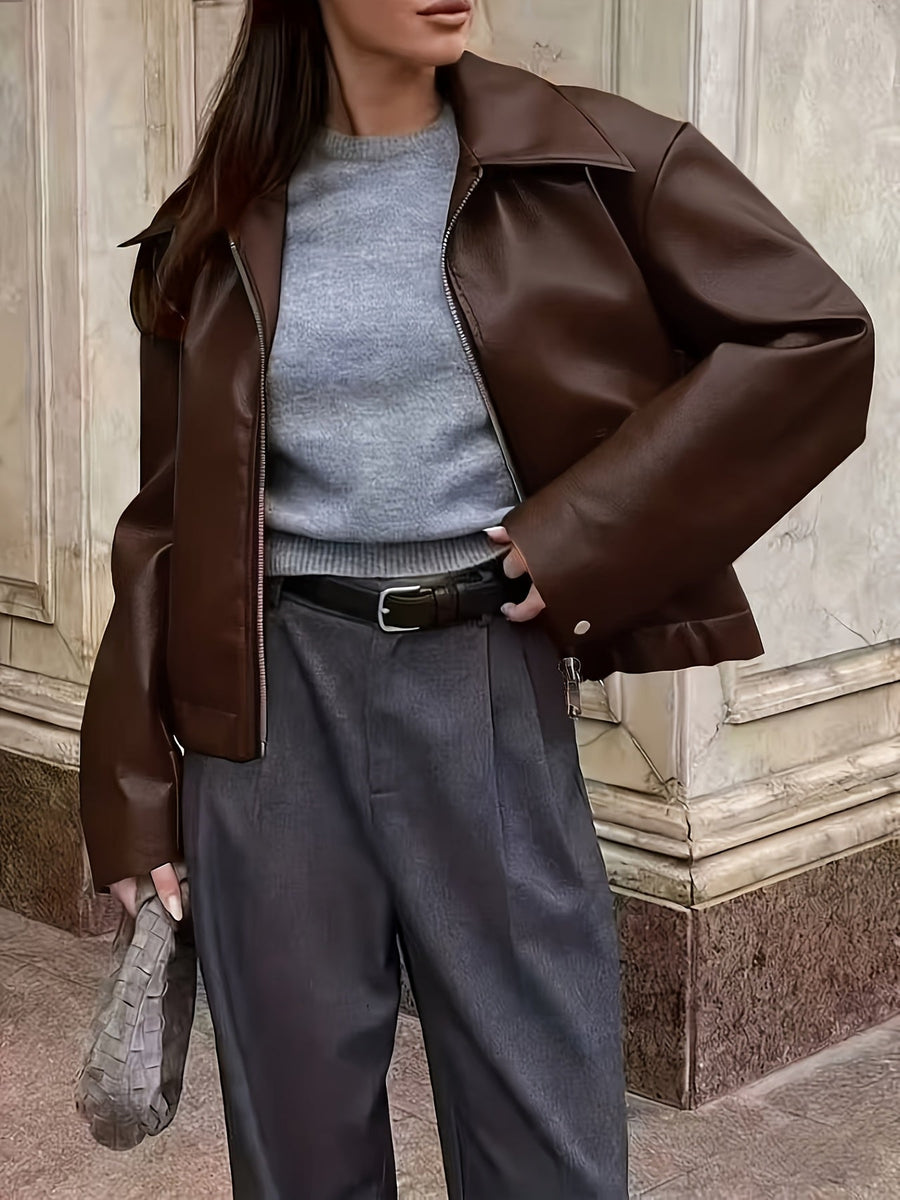 Damen Bomberjacke in Lederoptik mit Kragen und Reißverschluss