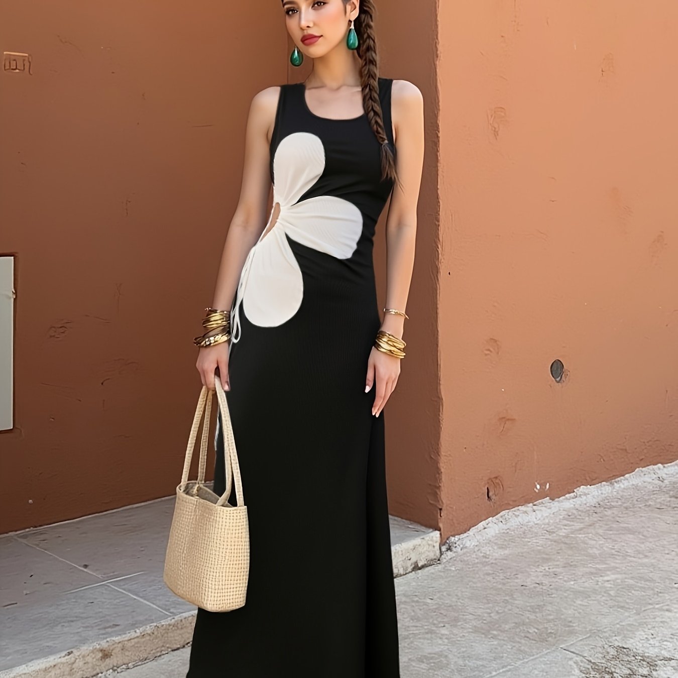 Damen Midikleid mit Blumen-Design und Cut-Out, modisch und figurschmeichelnd, ideal für Freizeit und Ausgehen