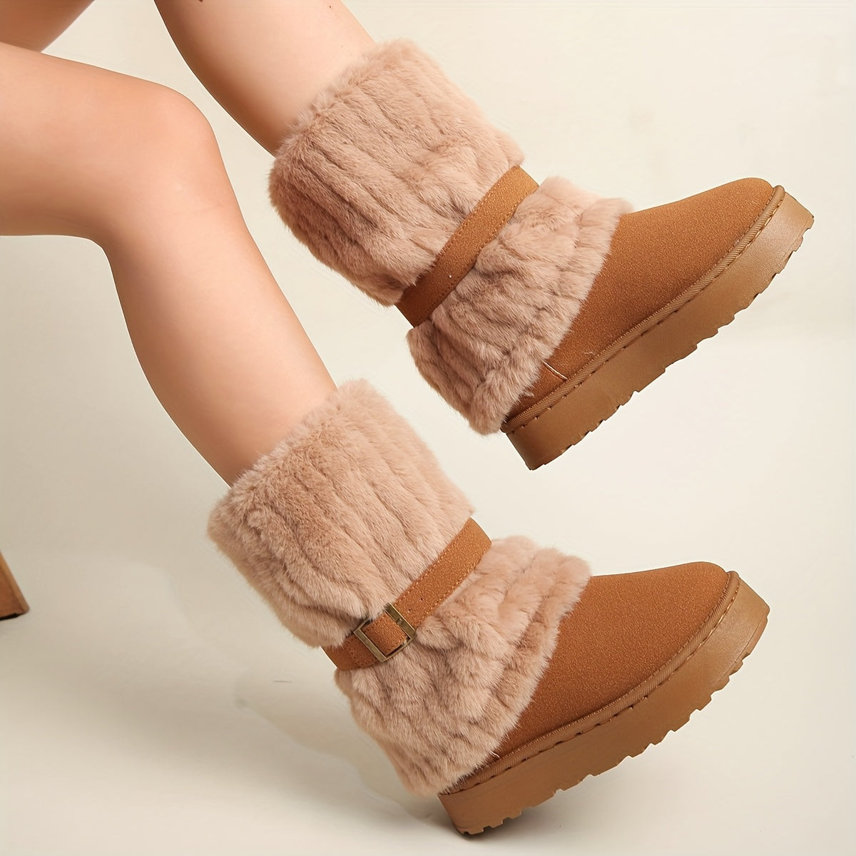 Damen Winterstiefel mit Kunstfell und Schnalle, gefüttert, in Beige, Braun und Schwarz