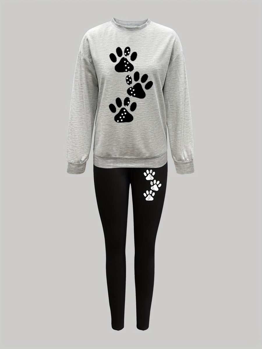 Damen Sweatshirt und Leggings Set mit Pfotenabdruck Print