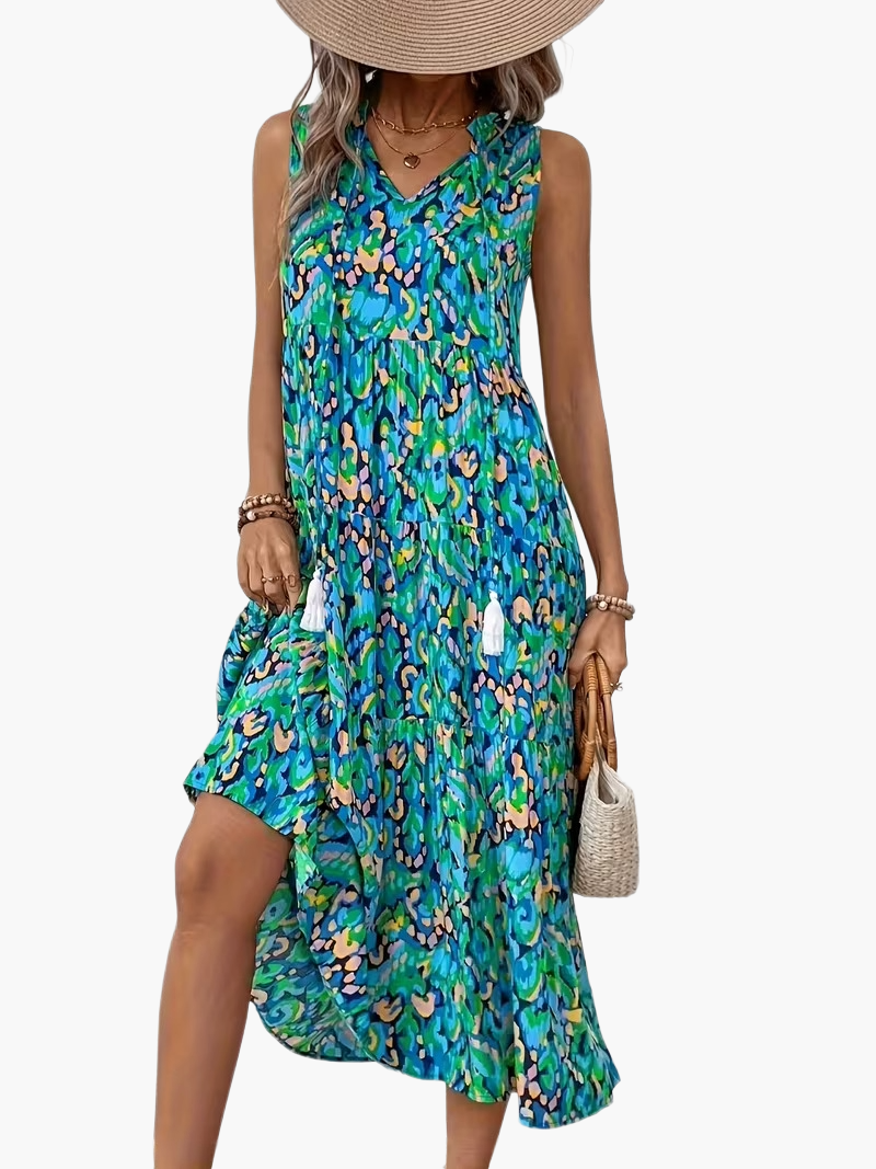 Damen Boho A-Linien Sommerkleid ärmellos – Luftiges Freizeitkleid mit Allover-Print und Quasten