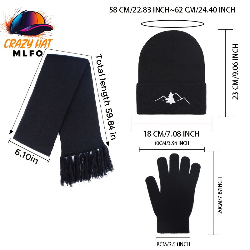 Unisex Winter Set Mütze Schal Handschuhe – Gestrickt mit Bergmotiv – In verschiedenen Farben