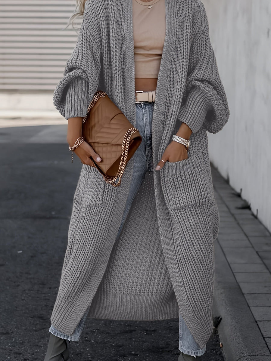 Damen Grobstrick Cardigan Lang Offen Strickjacke mit Taschen