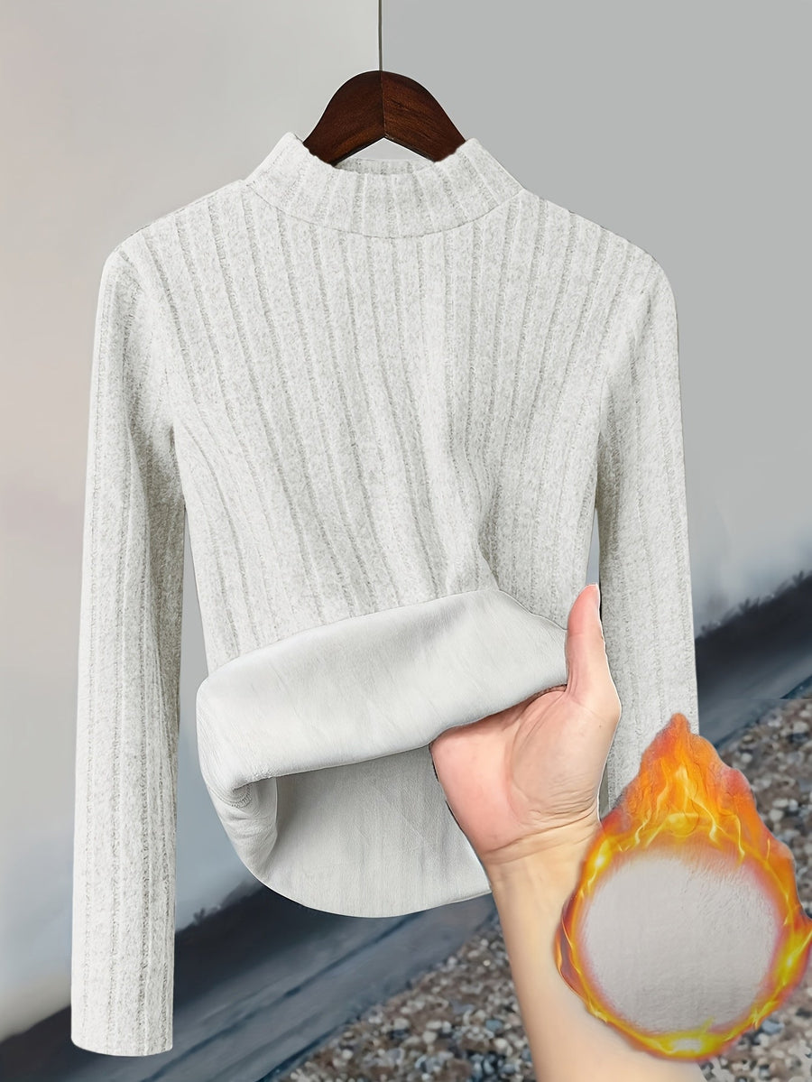 Gerippter Damen Pullover mit hohem Kragen und warmem Fleecefutter, Langarm, Slim Fit