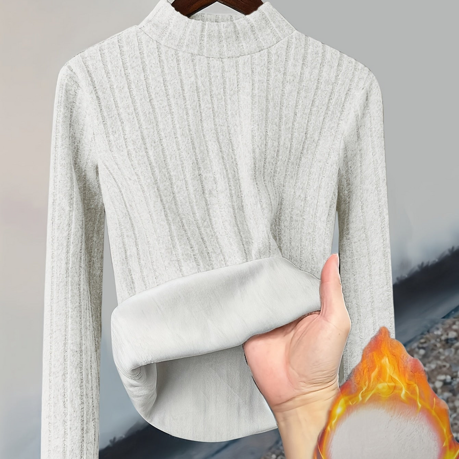 Gerippter Damen Pullover mit hohem Kragen und warmem Fleecefutter, Langarm, Slim Fit