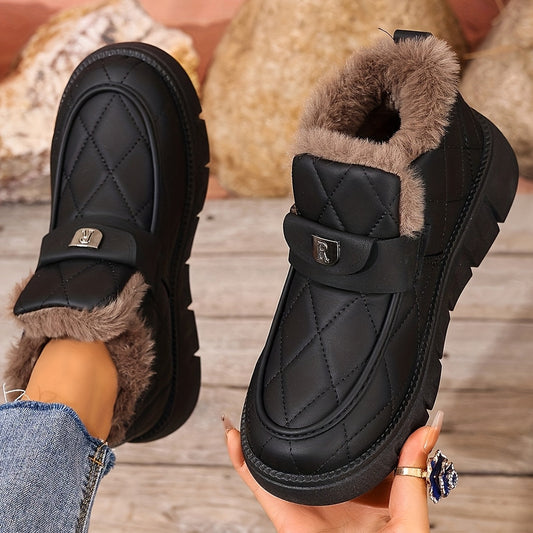 Damen Winter Stiefeletten Schwarz gesteppt mit Kunstfellfutter & dicker Sohle