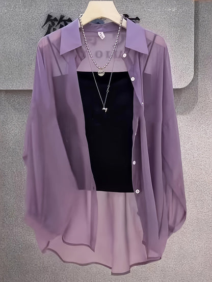 Damen Elegantes Zweiteiler-Set mit Transparenter Bluse und Bandeau Top – Modisches Layering für Alltag und Ausgehen