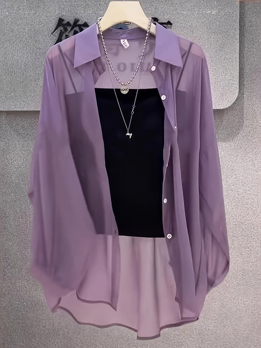 Damen Elegantes Zweiteiler-Set mit Transparenter Bluse und Bandeau Top – Modisches Layering für Alltag und Ausgehen