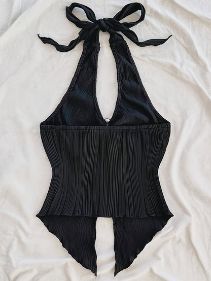 Damen Halterneck Top mit Plissee und Schlüsselloch-Detail – Modisches Ausgeh- und Party-Oberteil