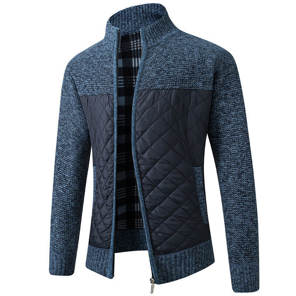 Herren Strickjacke mit Stehkragen und gestepptem Vorderteil