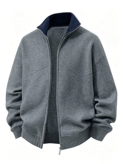 Herren Strickjacke Reißverschluss Stehkragen Dunkelgrau