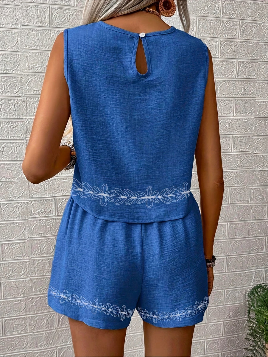 Damen Zweiteiler Set – Ärmelloses Top und Shorts mit Ethno-Muster, Casual Sommer Outfit