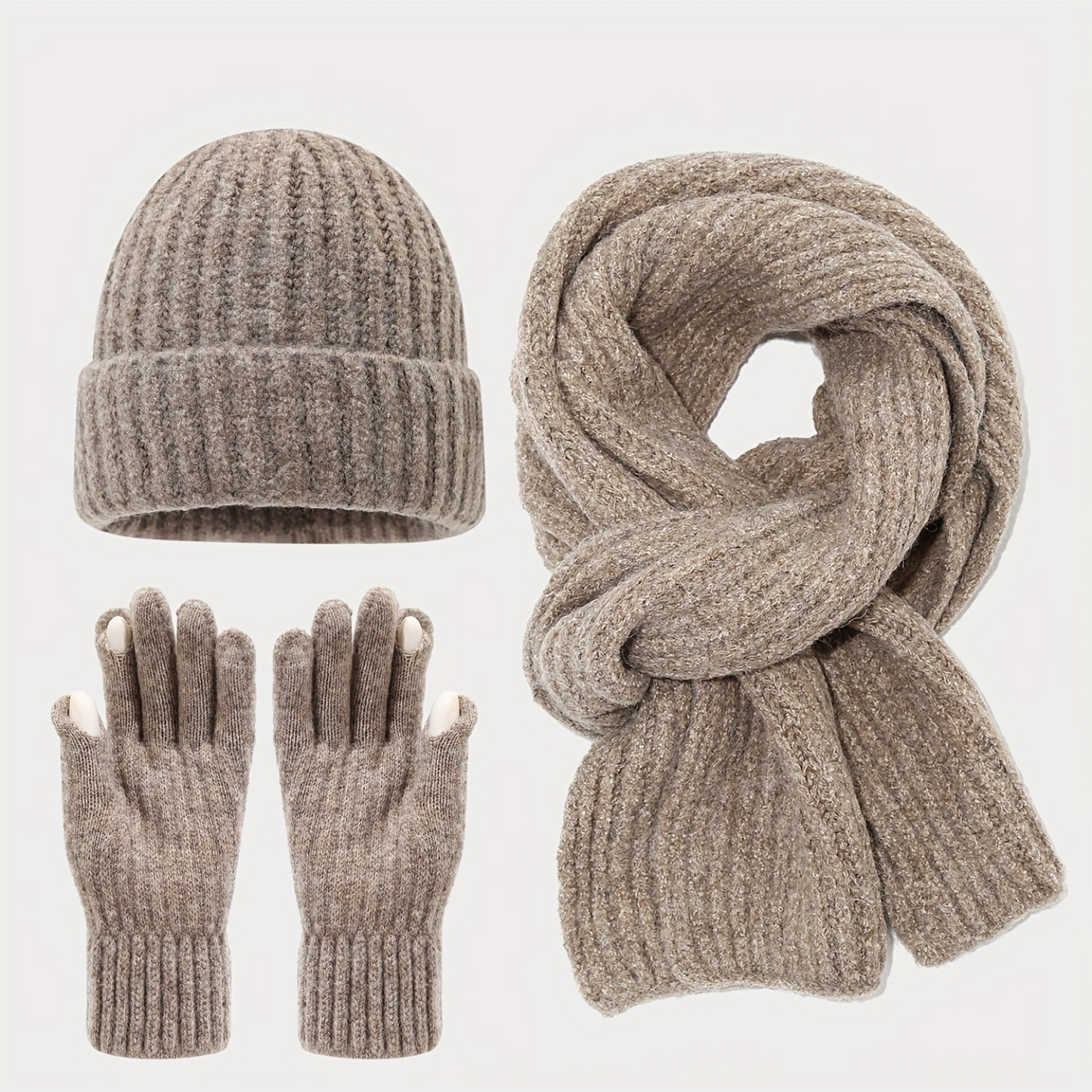 Unisex Strickmütze Schal Handschuh Set Gerippt Beige Winter Accessoire