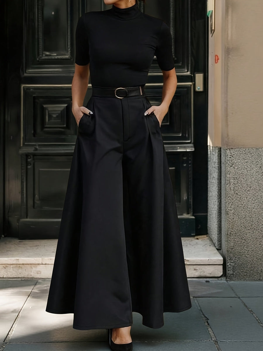 Damen Elegante High-Waist Weite Palazzo Hose mit Gürtel – Perfekt für Büro und besondere Anlässe