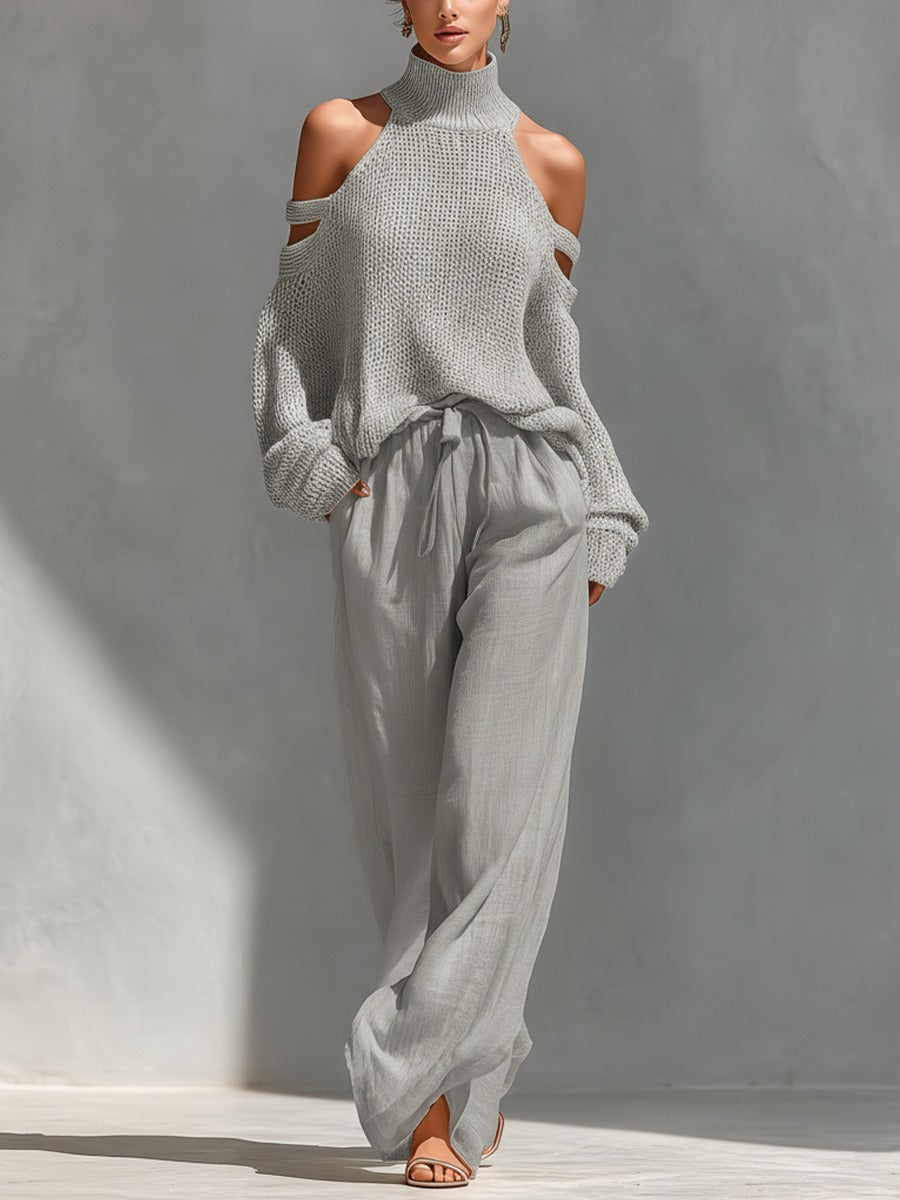 Damen Strickpullover Rollkragen Off-Shoulder Beige