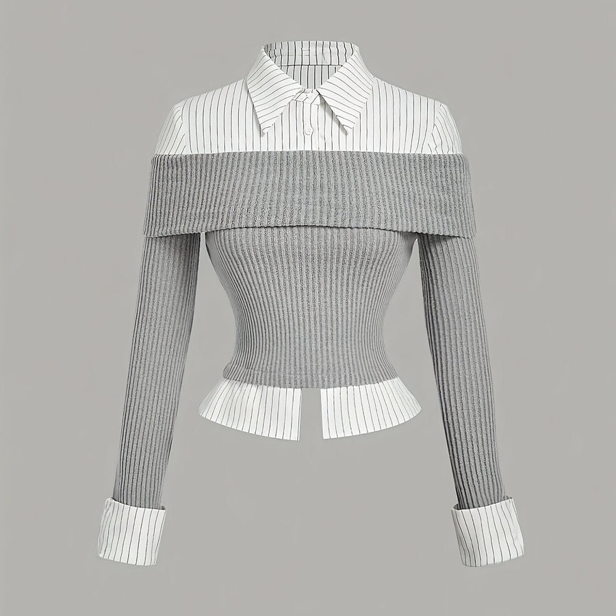 Damen Off-Shoulder Stricktop mit Hemdblusen-Details, gestreift, Grau-Weiß