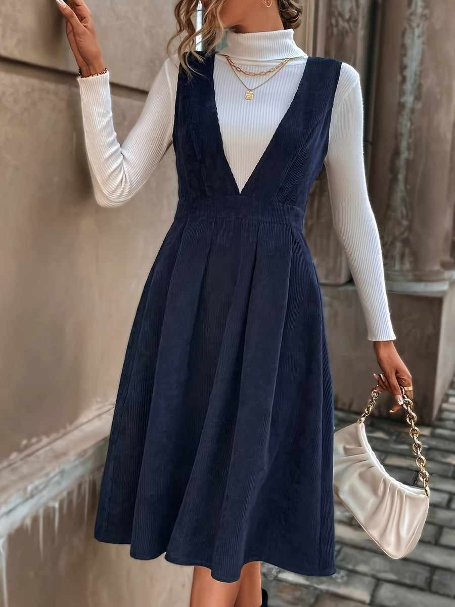 Damen Latzkleid Kord Midi Tief V-Ausschnitt Dunkelblau