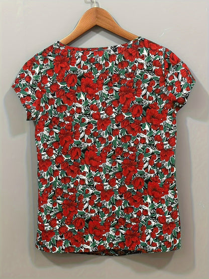Damen Bluse mit floraler Musterung und kurzen Ärmeln – Eleganter, vielseitiger Style für Büro und Freizeit