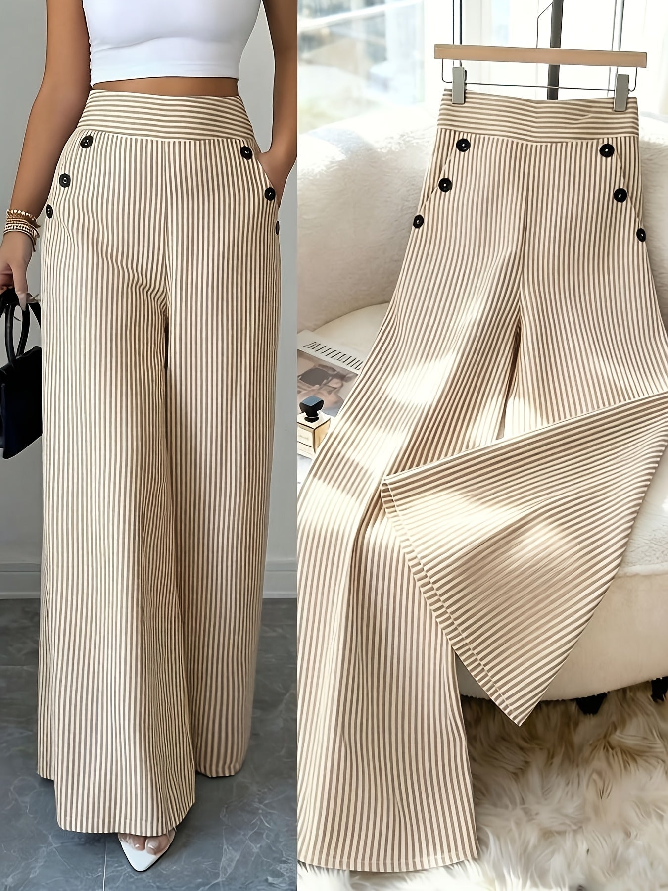 Damen Maritim-Style High-Waist Weitbein-Hose mit Streifen und Knopfdetails