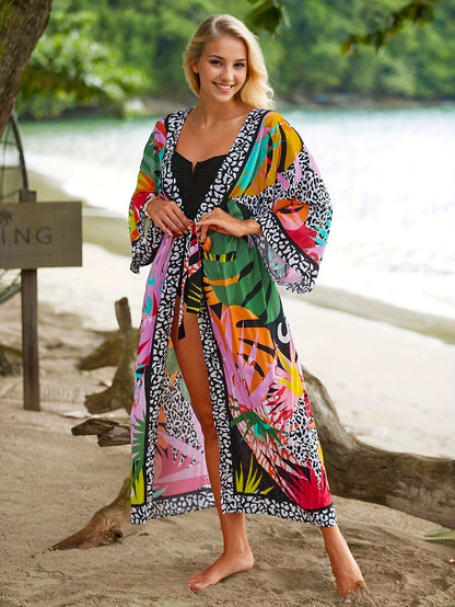 Damen Strand Kimono Lang mit Tropischem Muster und Animal Print – Modischer Überwurf für Urlaub und Pool