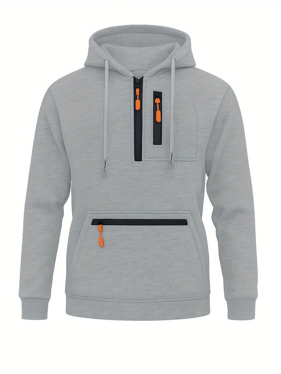 Herren Hoodie mit Reißverschluss und Bauchtasche, Kordelzug Kapuzenpullover