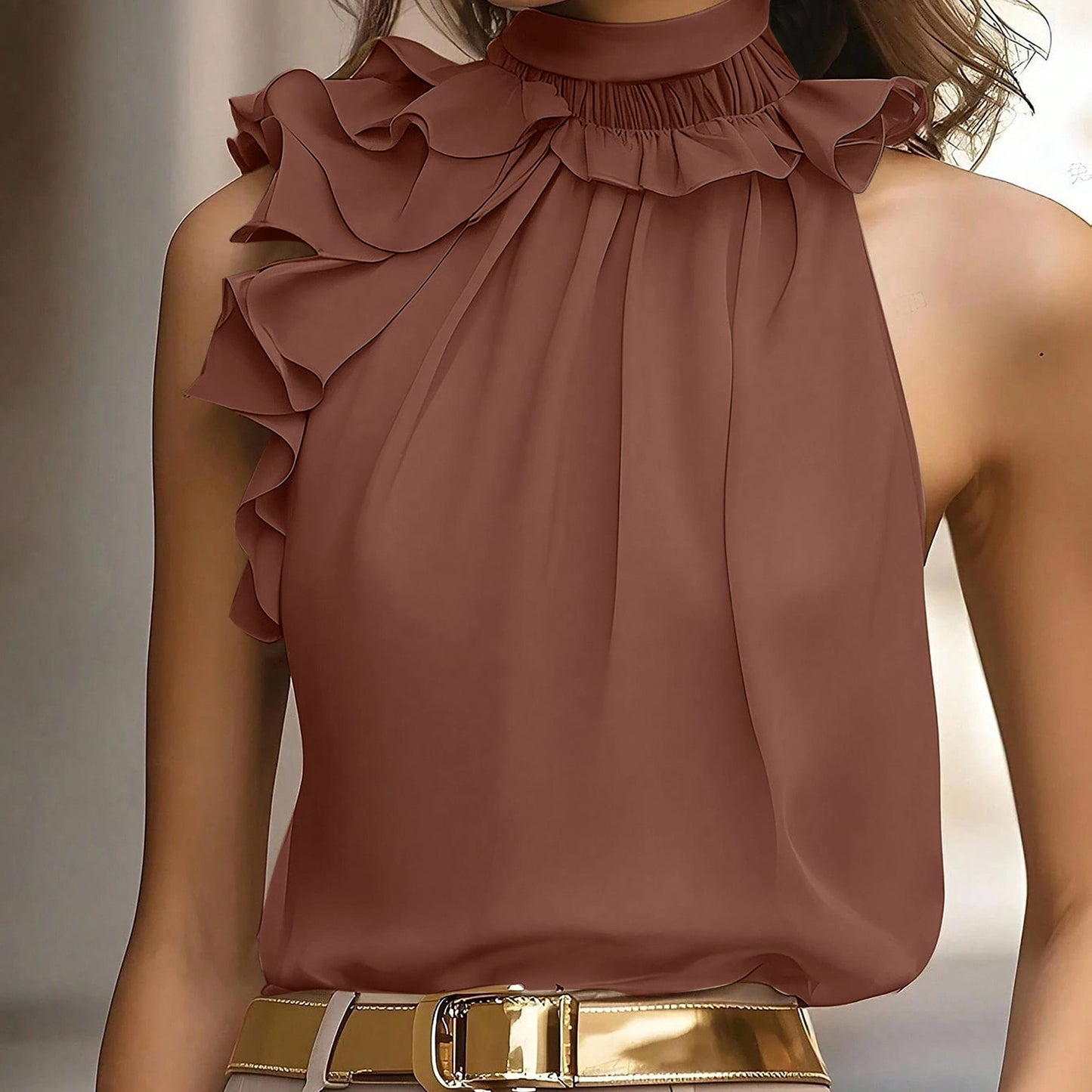 Damen Rüschenbluse mit Stehkragen – Elegante ärmellose Bluse für festliche Anlässe und Büro