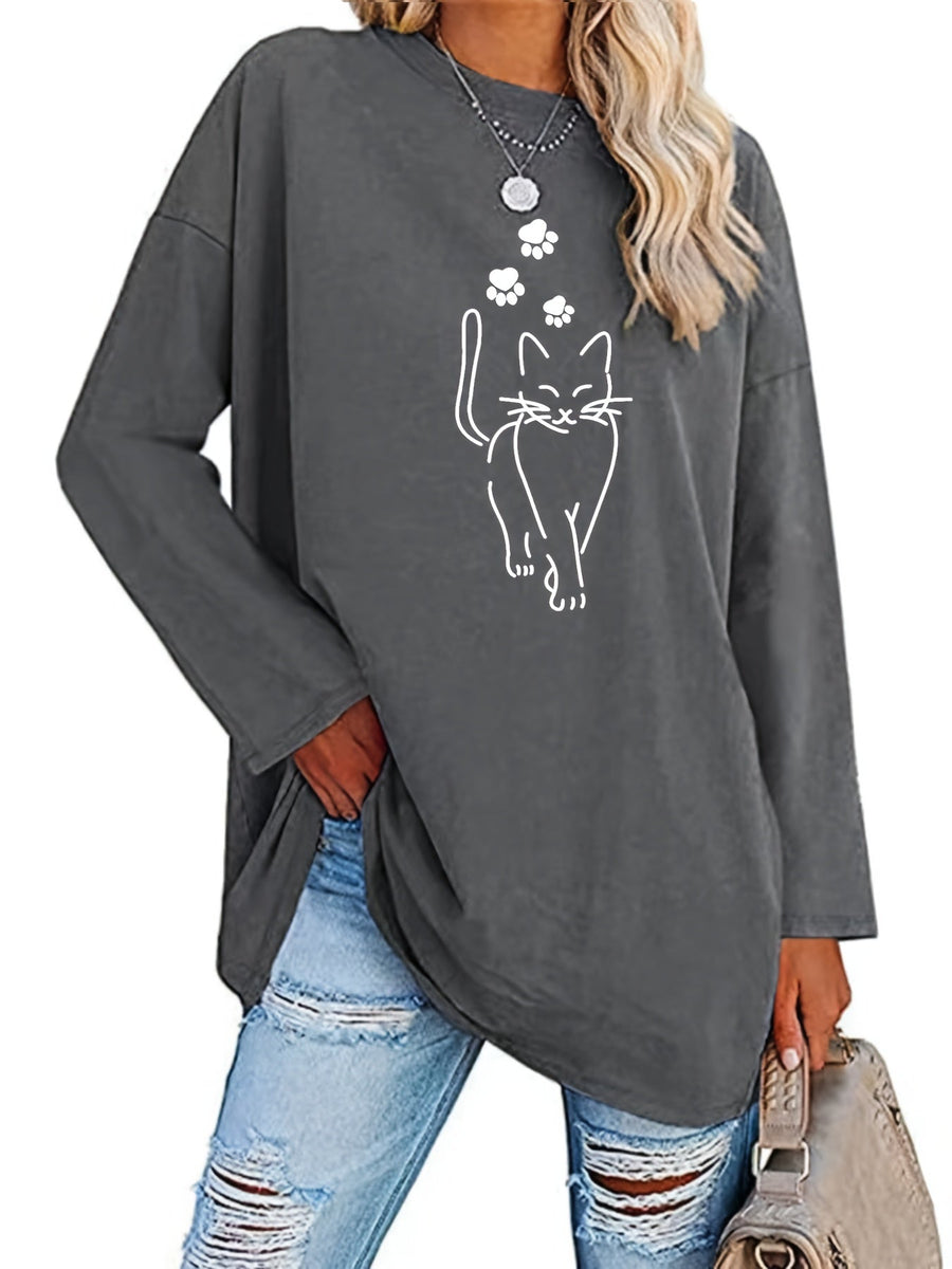 Damen Oversize Langarmshirt mit Katzenmotiv und Pfotenabdrücken