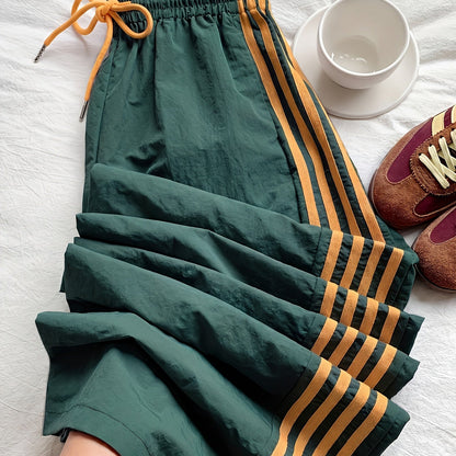 Damen Weitbeinige Sporthose mit Streifen und Kordelzug – Lässige Freizeithose für Alltag & Fitness
