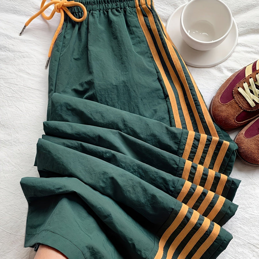 Damen Weitbeinige Sporthose mit Streifen und Kordelzug – Lässige Freizeithose für Alltag & Fitness