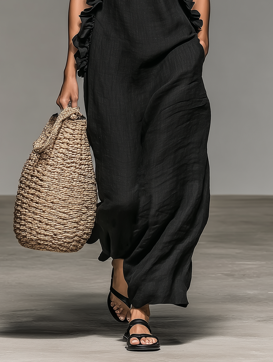 Damen Maxikleid mit Rüschenkragen und Volants, ärmelloses Sommerkleid mit Halfterausschnitt