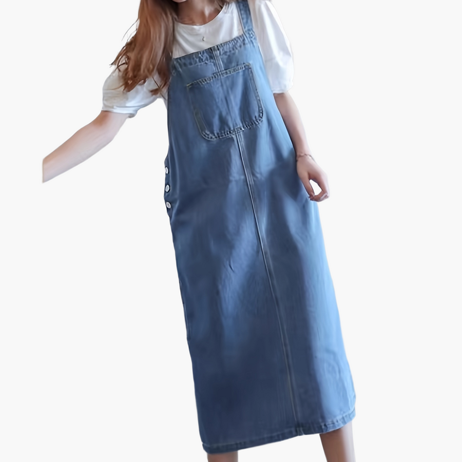 Damen Lässiges Jeans Latzkleid Midi – Stilvolles Pinafore-Kleid für Alltag und Freizeit