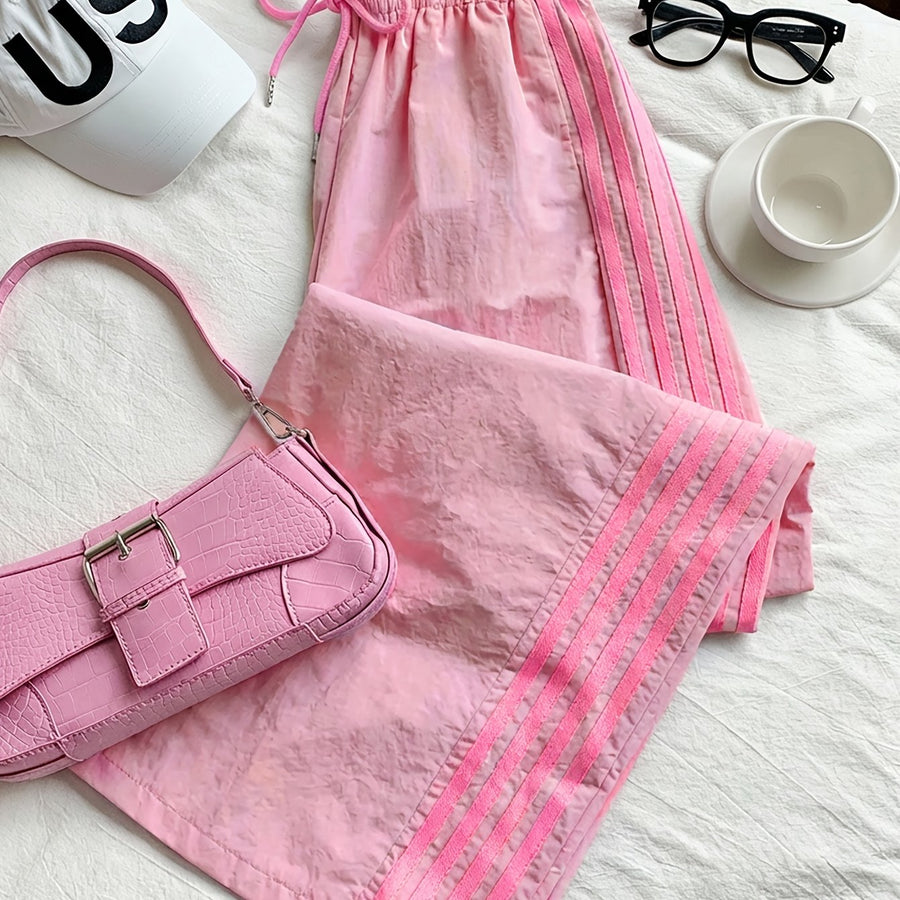 Damen Weitbeinige Sporthose mit Streifen und Kordelzug – Lässige Freizeithose für Alltag & Fitness
