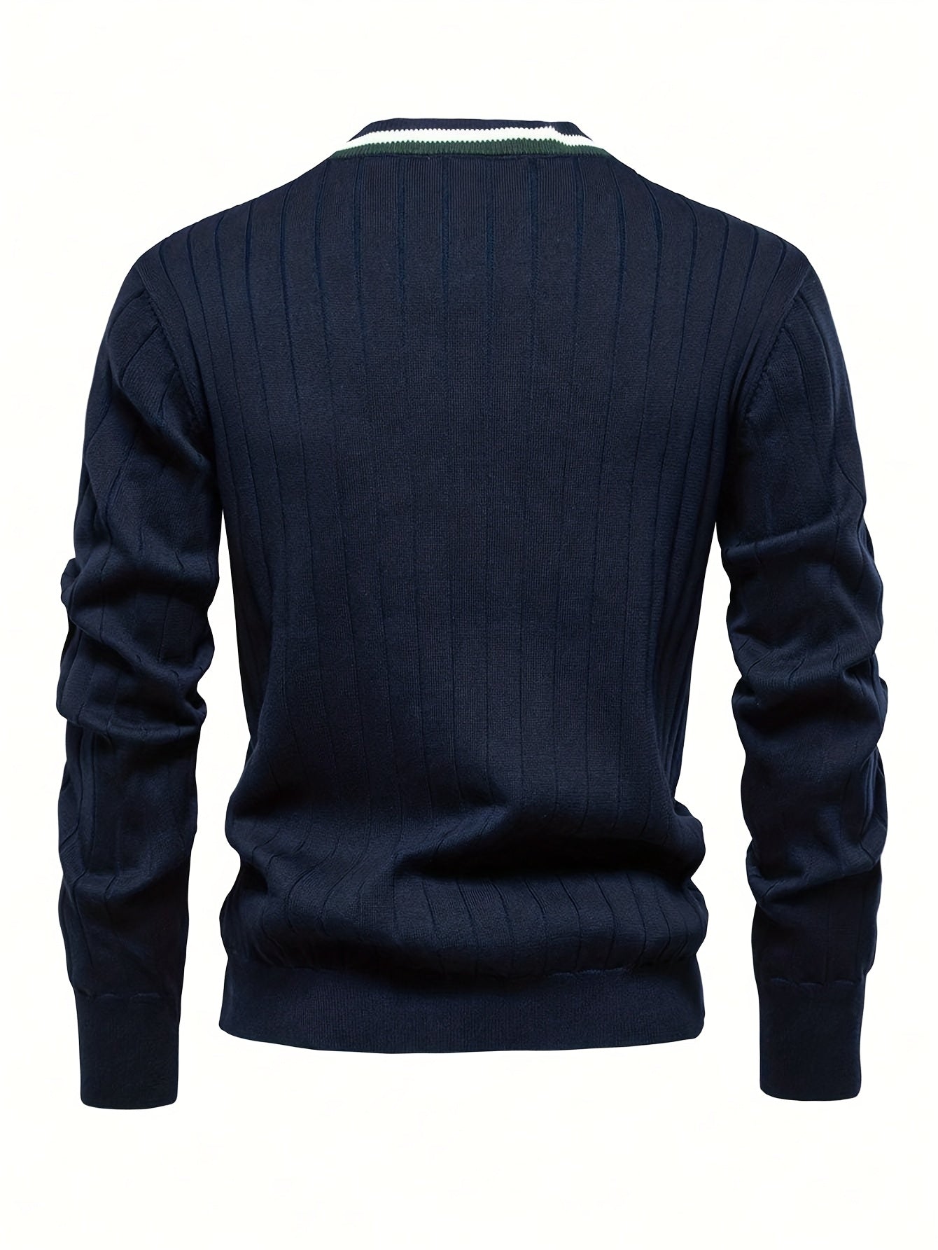 Herren Rippstrick Cardigan Marineblau mit V-Ausschnitt & Kontraststreifen